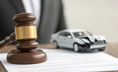 Un marteau de juge en bois posé sur une feuille avec une voiture miniature blanche endommagée