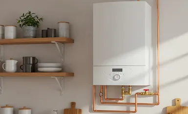 Une chaudière à gaz blanche installée contre un mur écru dans une cuisine