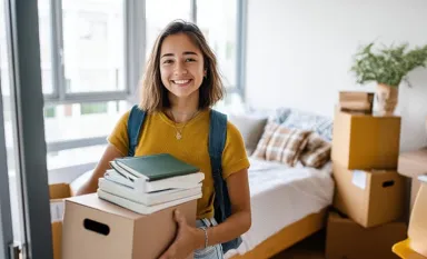 Une jeune étudiante portant un carton avec des livres dans un studio cosy