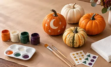 Une activité de décoration de citrouilles avec peintures et pinceaux