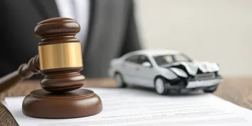 Un marteau de juge en bois posé sur une feuille avec une voiture miniature blanche endommagée
