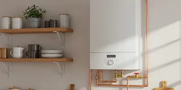 Une chaudière à gaz blanche installée contre un mur écru dans une cuisine