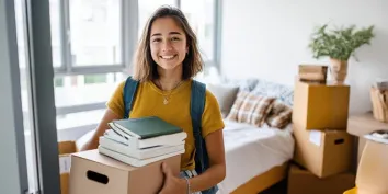 Une jeune étudiante portant un carton avec des livres dans un studio cosy