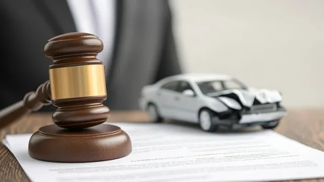 Un marteau de juge en bois posé sur une feuille avec une voiture miniature blanche endommagée