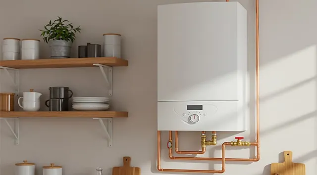 Une chaudière à gaz blanche installée contre un mur écru dans une cuisine