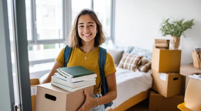 Une jeune étudiante portant un carton avec des livres dans un studio cosy